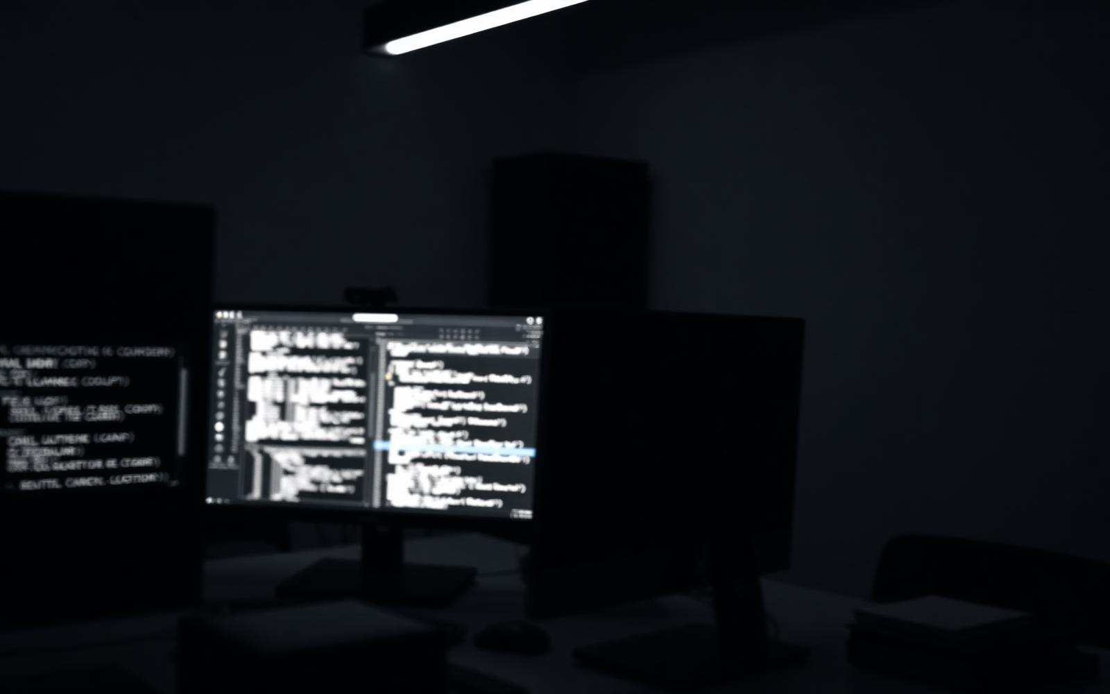 Dim engineering workspace with source code visible on a monitor